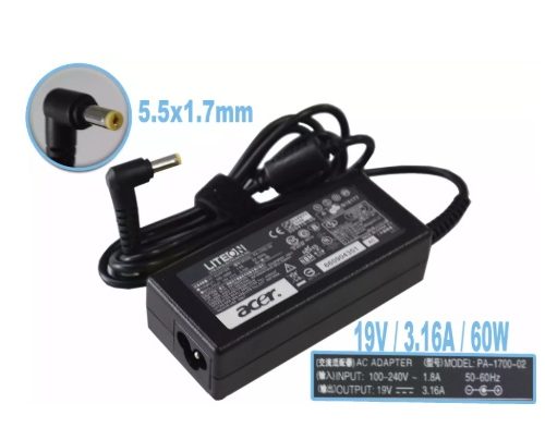 CARGADOR ACER 19V/2.15 TO 3.16A/60W/5.5x1.7mm PLUG AMARILLO *ORIGINAL*